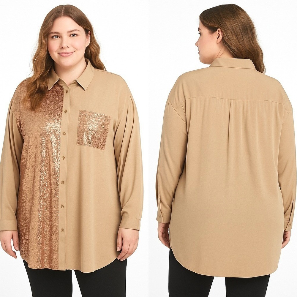 Curvy Sense Plus 2X Champagne Gold Sequin Button Down Tunic High Low Party Top